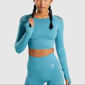 Gymshark Flawless Knit Teal Mesh Long Sleeve Cropped Workout Top sz  XS